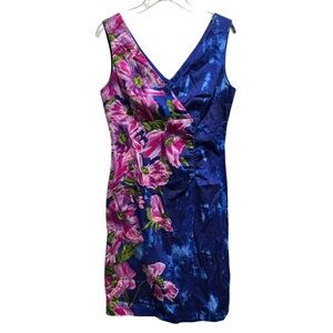 Donna Ricco Blue and Pink Floral sleeveless midi Dress